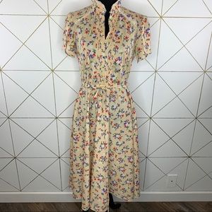 Jane Baar Cottagecore Floral Dress with Pleated Front, Lace, Tulip Sleeves, Belt